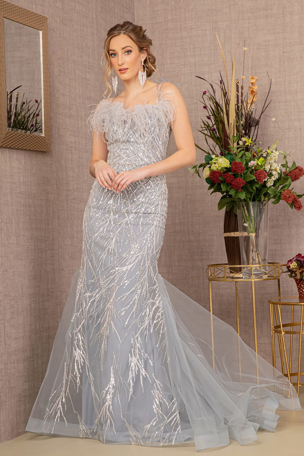 Sequin Sweetheart Mesh Trumpet Dress w/ Feather Embellishment GL3117 GLS BY GLORIA