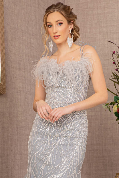 Sequin Sweetheart Mesh Trumpet Dress w/ Feather Embellishment GL3117 GLS BY GLORIA