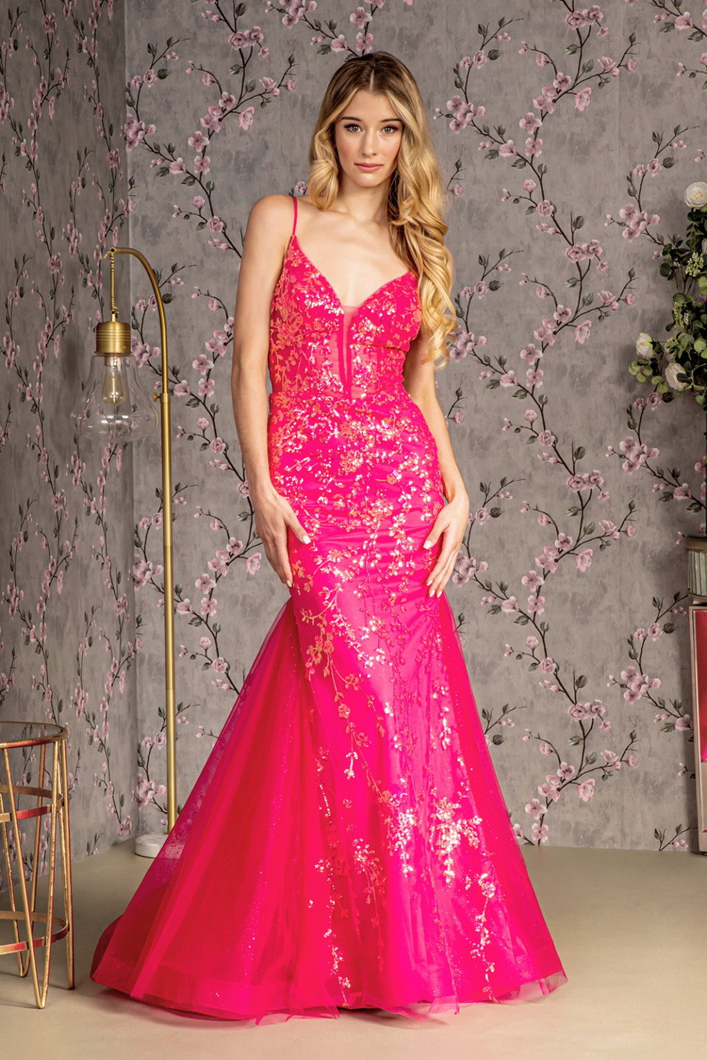 Glitter Sequin Sheer Bodice Mesh Trumpet Long Dress GL3220 GLS BY GLORIA