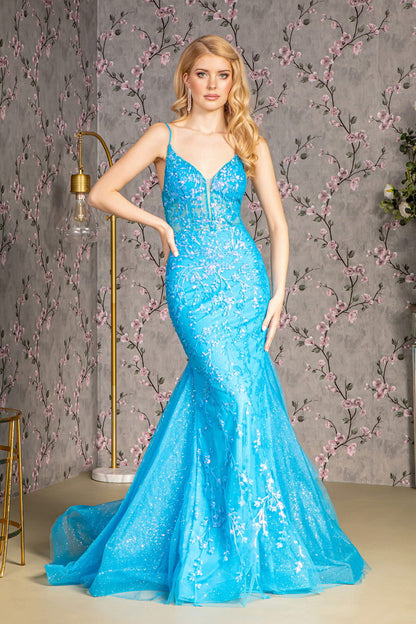 Glitter Sequin Sheer Bodice Mesh Trumpet Long Dress GL3220 GLS BY GLORIA
