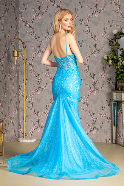 Glitter Sequin Sheer Bodice Mesh Trumpet Long Dress GL3220 GLS BY GLORIA