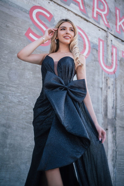 Asymmetric Glitter Crepe Mermaid Long Dress w/ Side Waist Drape GL3272 GLS BY GLORIA