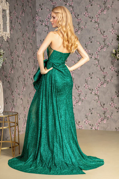 Asymmetric Glitter Crepe Mermaid Long Dress w/ Side Waist Drape GL3272 GLS BY GLORIA