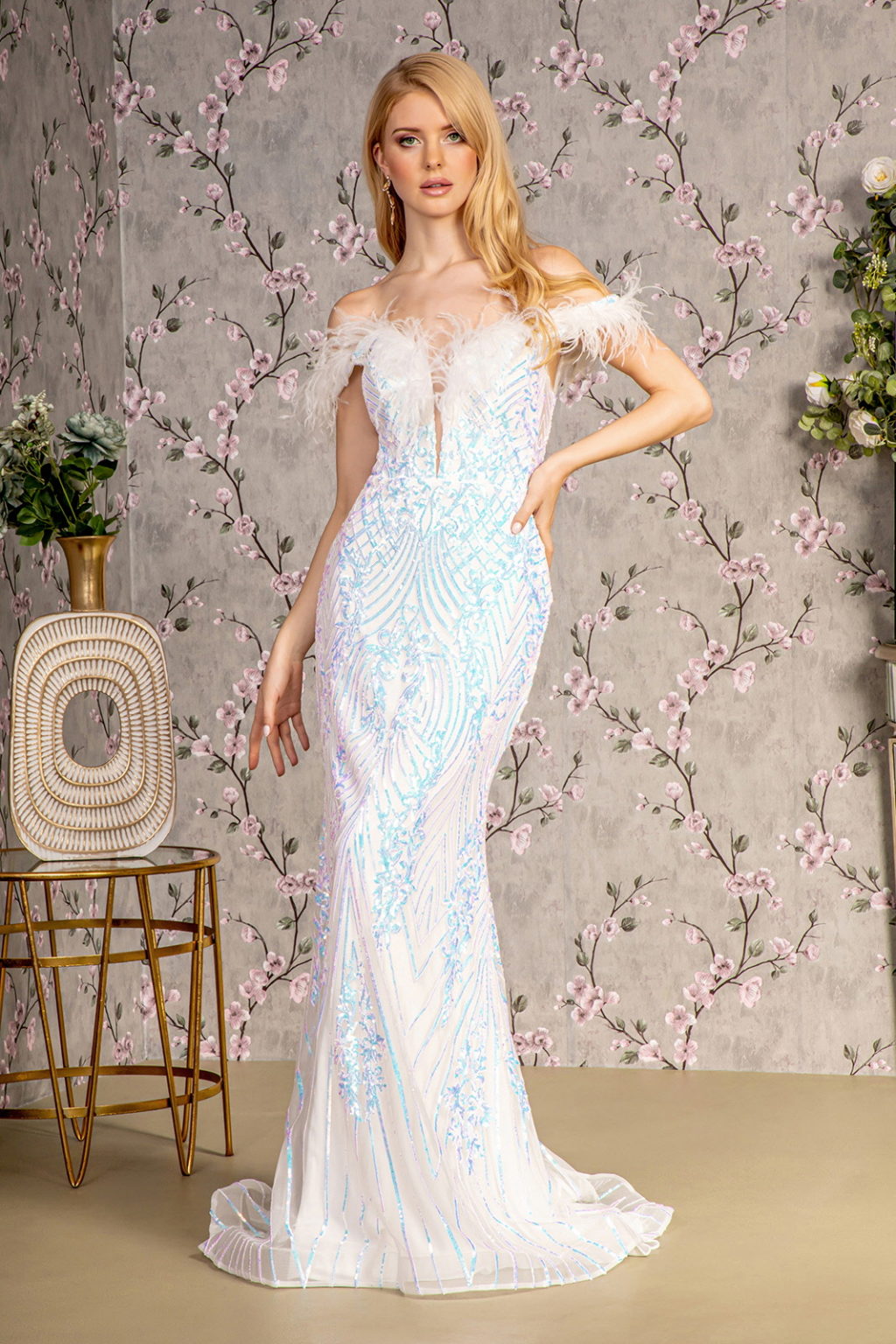 Feather Sequin Illusion Sweetheart Mesh Mermaid Long Dress GL3284 GLS BY GLORIA