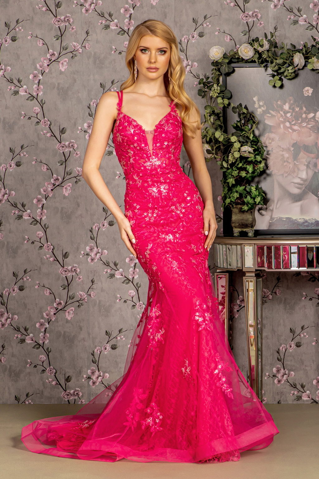 Floral Embroidery Sequin Sheer Bodice Mesh Mermaid Long Dress GL3333 GLS BY GLORIA
