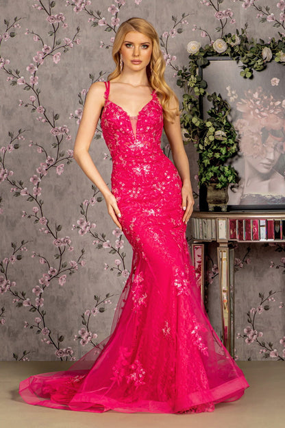 Floral Embroidery Sequin Sheer Bodice Mesh Mermaid Long Dress GL3333 GLS BY GLORIA