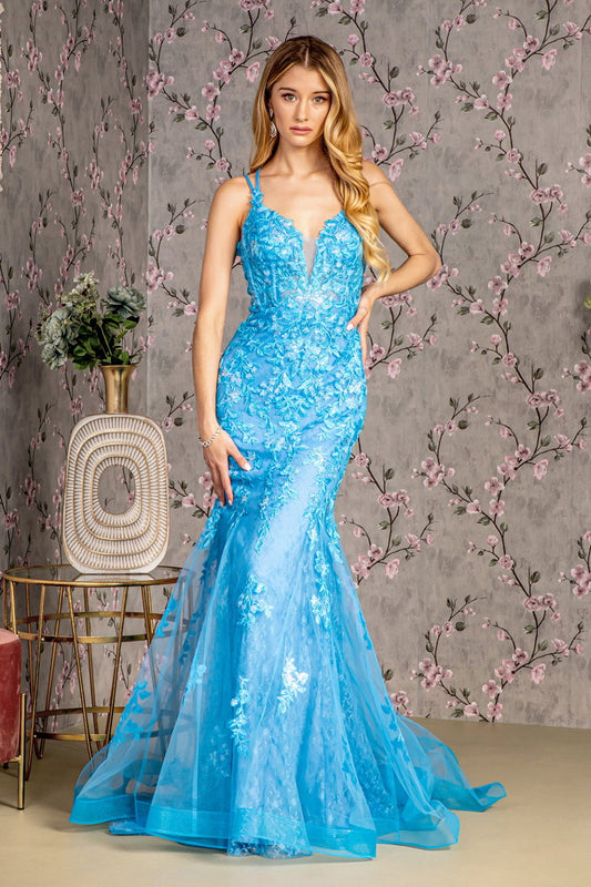 Floral Embroidery Sequin Sheer Bodice Mesh Mermaid Long Dress GL3333 GLS BY GLORIA