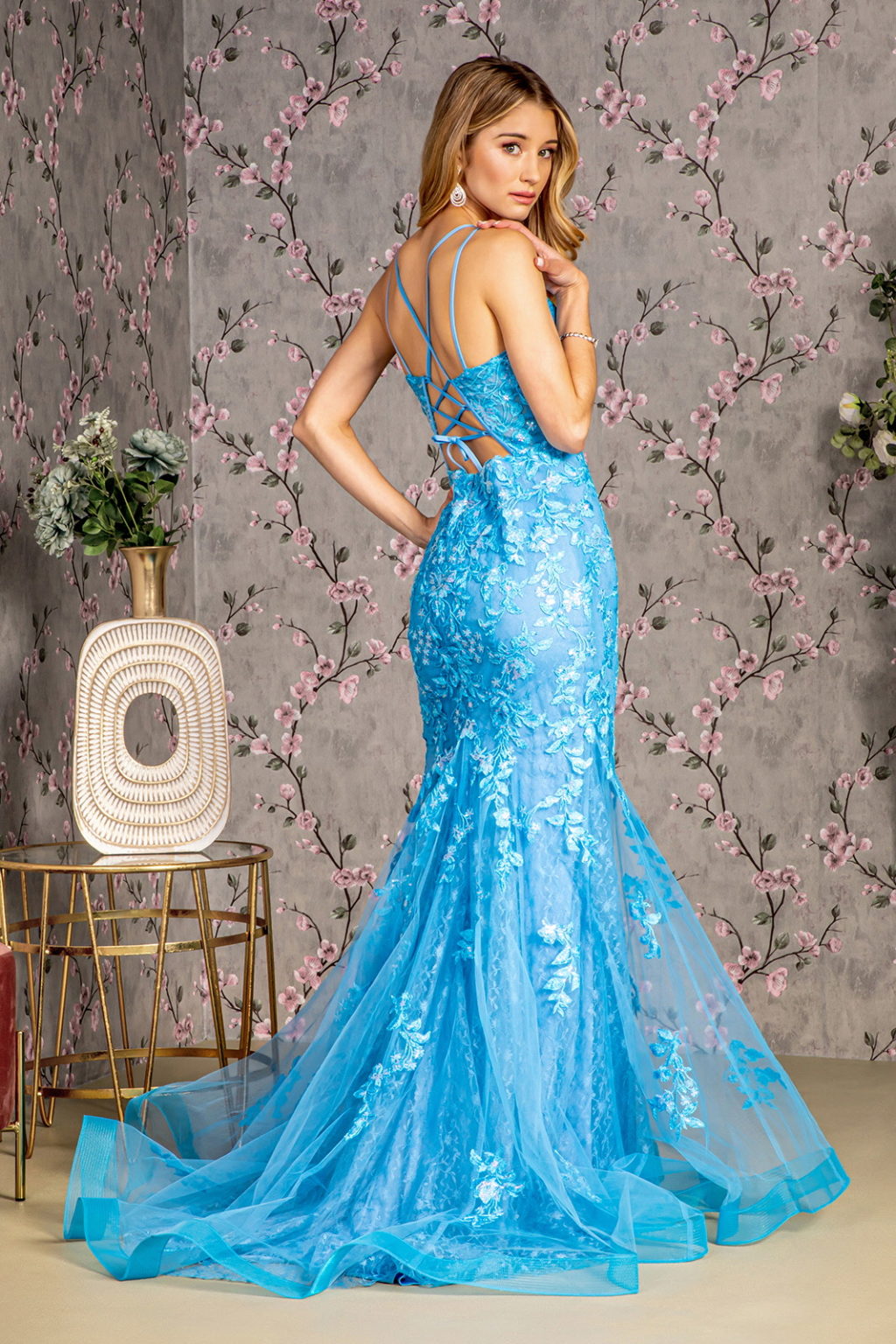 Floral Embroidery Sequin Sheer Bodice Mesh Mermaid Long Dress GL3333 GLS BY GLORIA