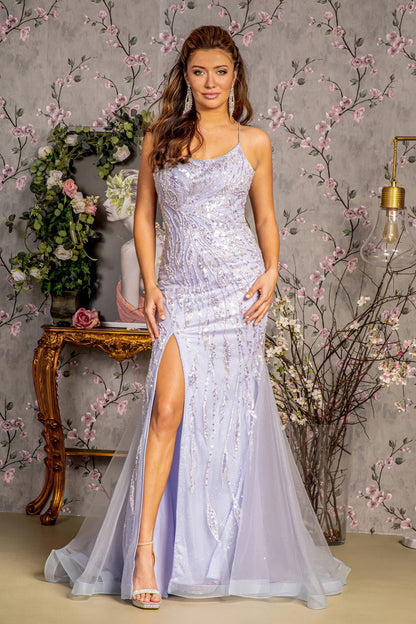 Metallic Embroidery Mesh Trumpet Long Dress w/ Side Slit GL3382 GLS  BY GLORIA