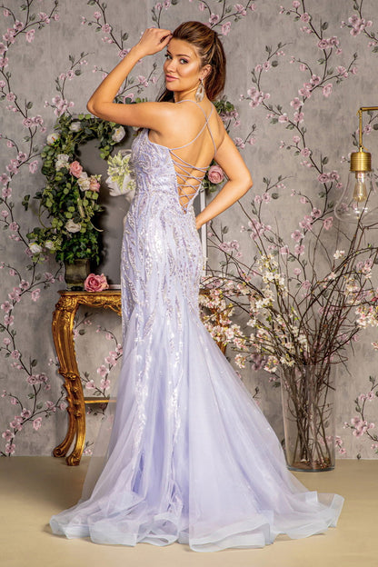 Metallic Embroidery Mesh Trumpet Long Dress w/ Side Slit GL3382 GLS  BY GLORIA