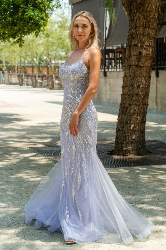 Metallic Embroidery Mesh Trumpet Long Dress w/ Side Slit GL3382 BY GLORIA