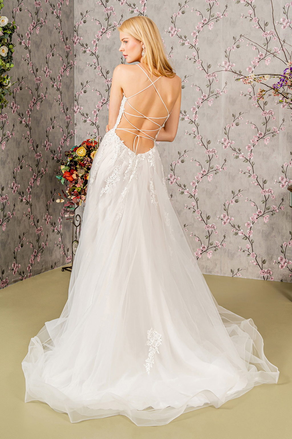 Embroidery Bead Sheer Bodice Open Back Mesh Wedding Gown GL3417 BY GLORIA