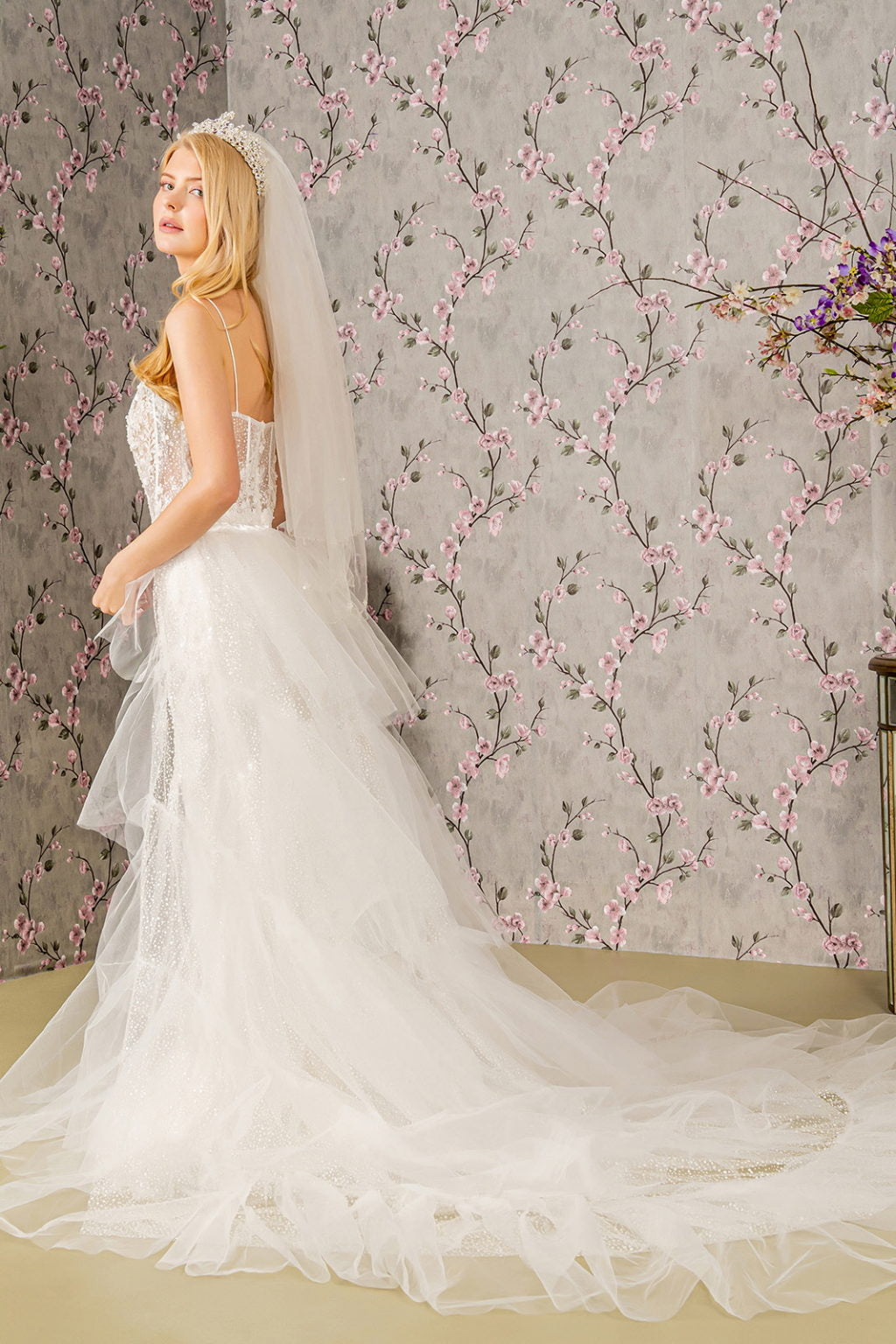 Embroidery Bead Mesh Mermaid Wedding Gown w/ Mesh Long Cape GL3425 BY GLORIA