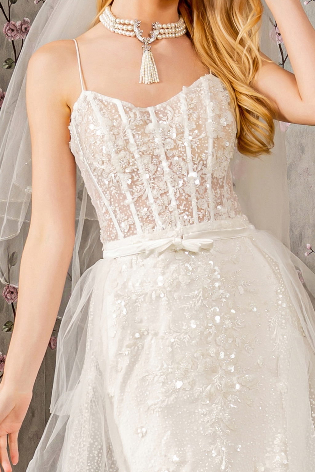 Embroidery Bead Mesh Mermaid Wedding Gown w/ Mesh Long Cape GL3425 BY GLORIA