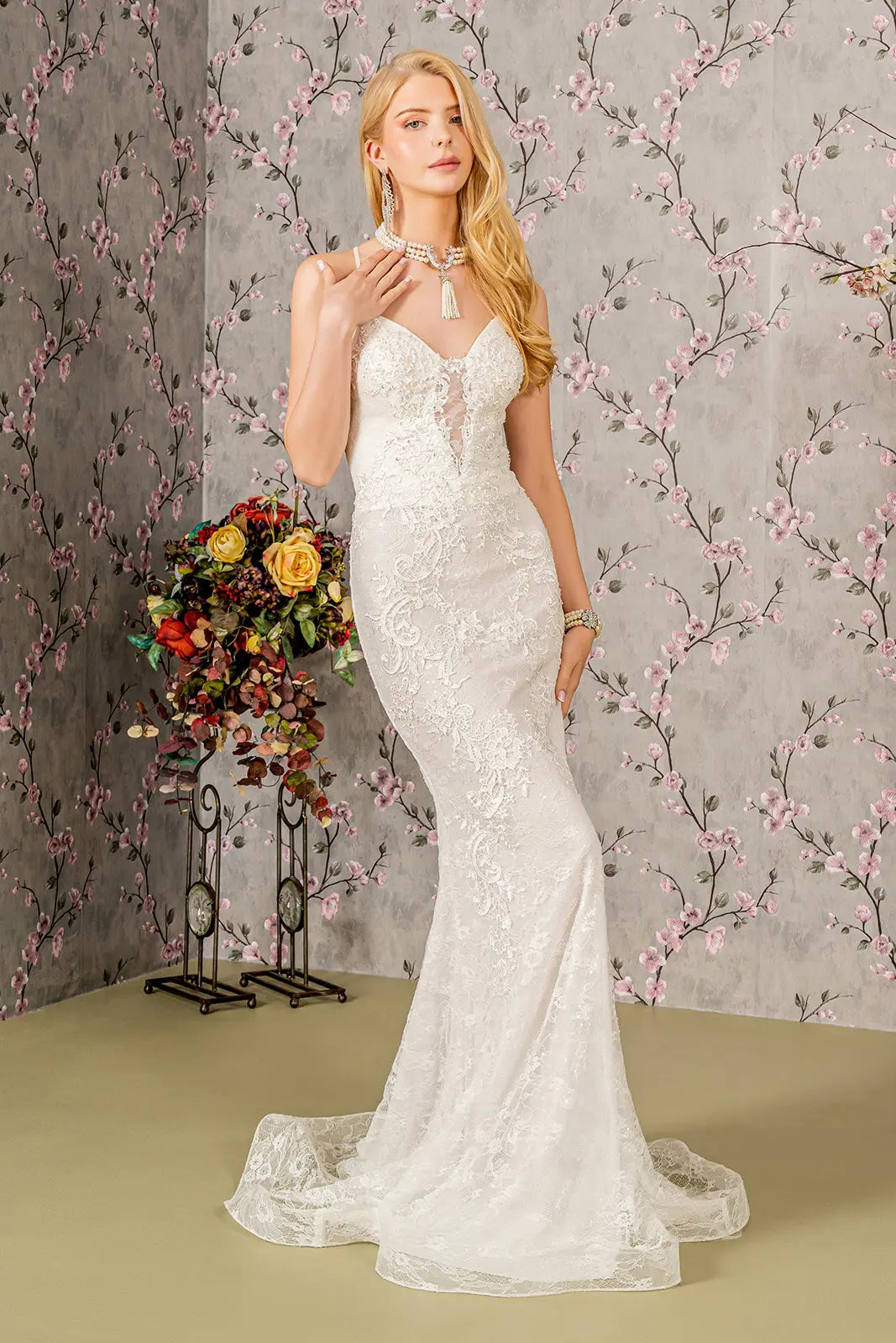 Floral Embroidery Illusion Sweetheart Lace Mermaid Wedding Gown. GL3442 GLS BY GLORIA