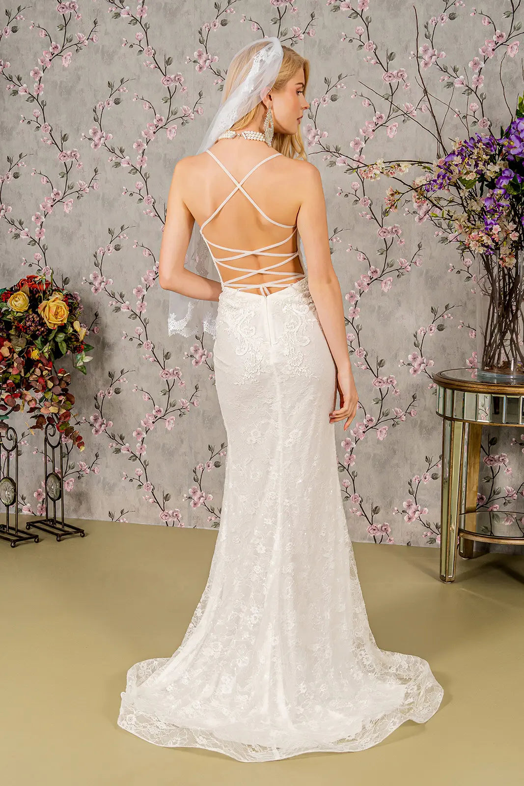 Floral Embroidery Illusion Sweetheart Lace Mermaid Wedding Gown. GL3442 GLS BY GLORIA