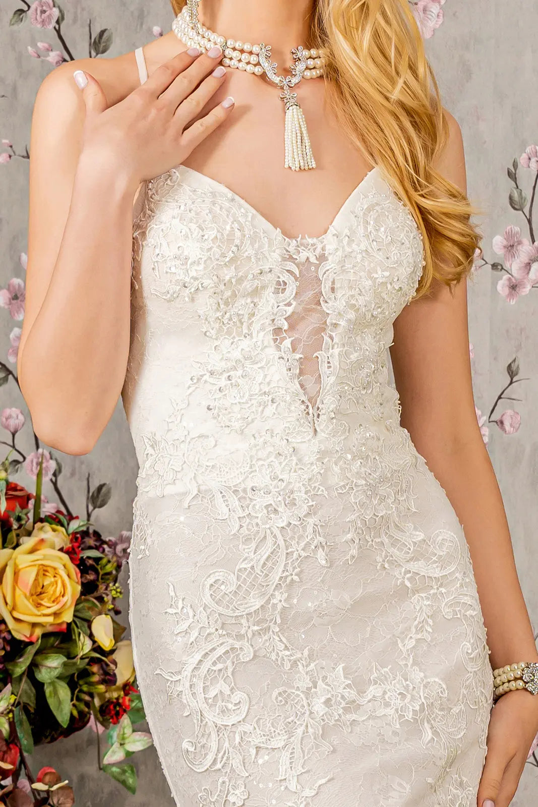 Floral Embroidery Illusion Sweetheart Lace Mermaid Wedding Gown. GL3442 GLS BY GLORIA