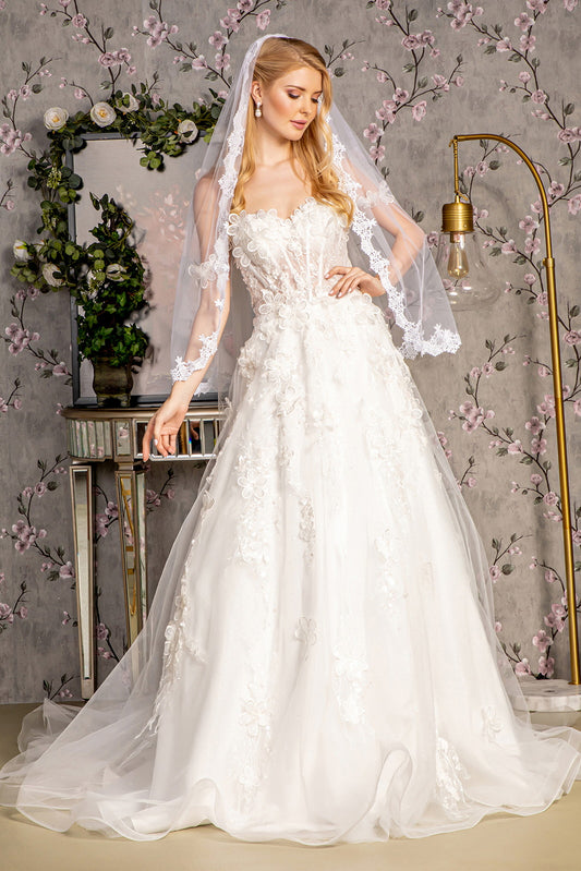 3-D Flower Sequin Off Shoulder Mesh A-line Long Dress w/ Side Drapes GL3448 BY GLORIA