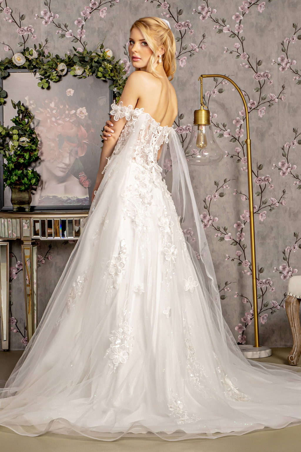 3-D Flower Sequin Off Shoulder Mesh A-line Long Dress w/ Side Drapes GL3448 BY GLORIA