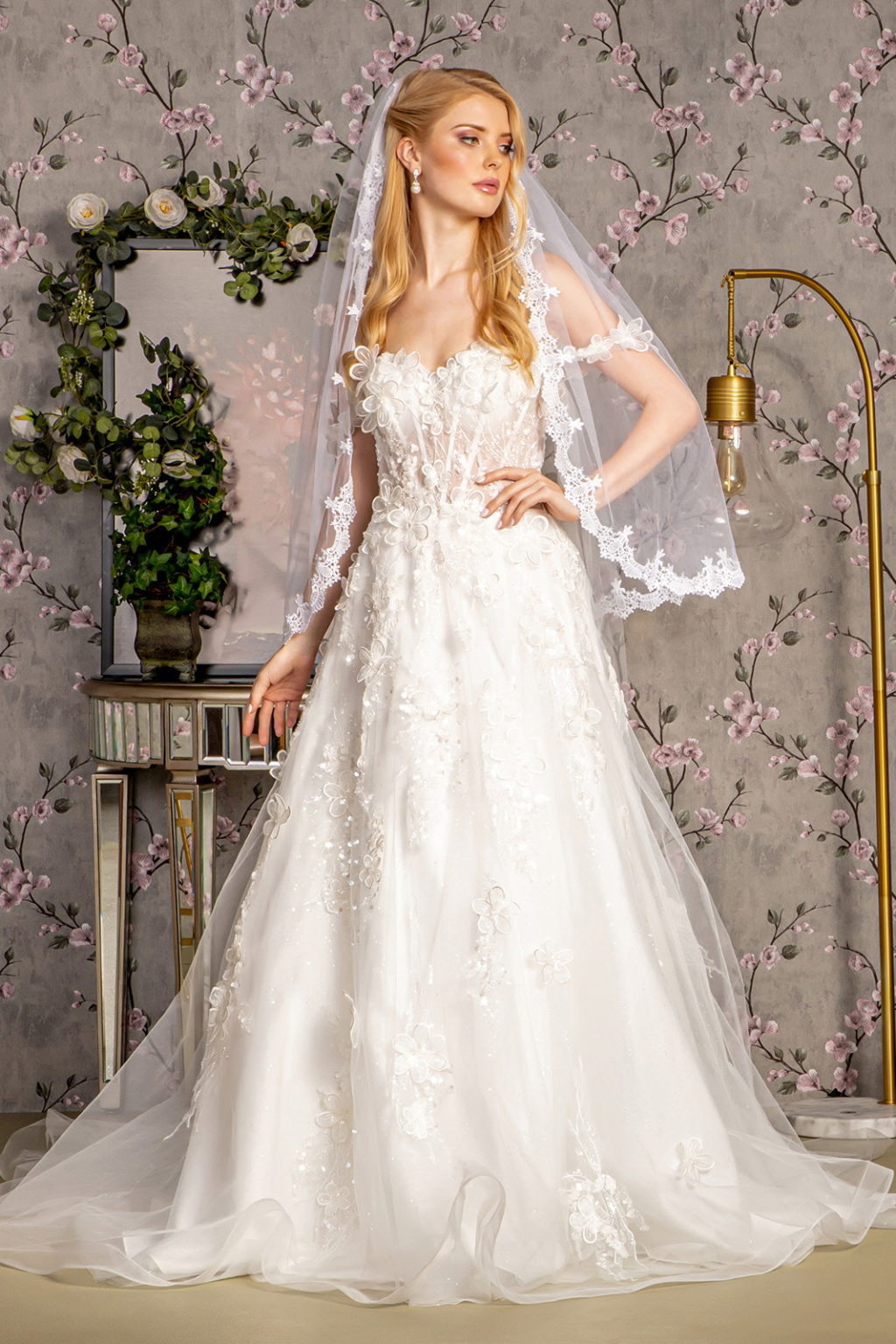 3-D Flower Sequin Off Shoulder Mesh A-line Long Dress w/ Side Drapes GL3448 BY GLORIA