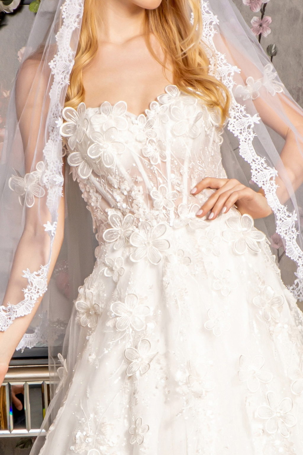 3-D Flower Sequin Off Shoulder Mesh A-line Long Dress w/ Side Drapes GL3448 BY GLORIA