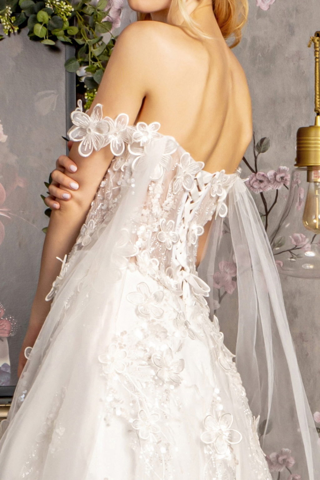 3-D Flower Sequin Off Shoulder Mesh A-line Long Dress w/ Side Drapes GL3448 BY GLORIA