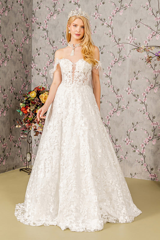 Sheer Bodice Sweetheart Mesh Ball Gown w/ Long Back Drape GL3449 BY GLORIA