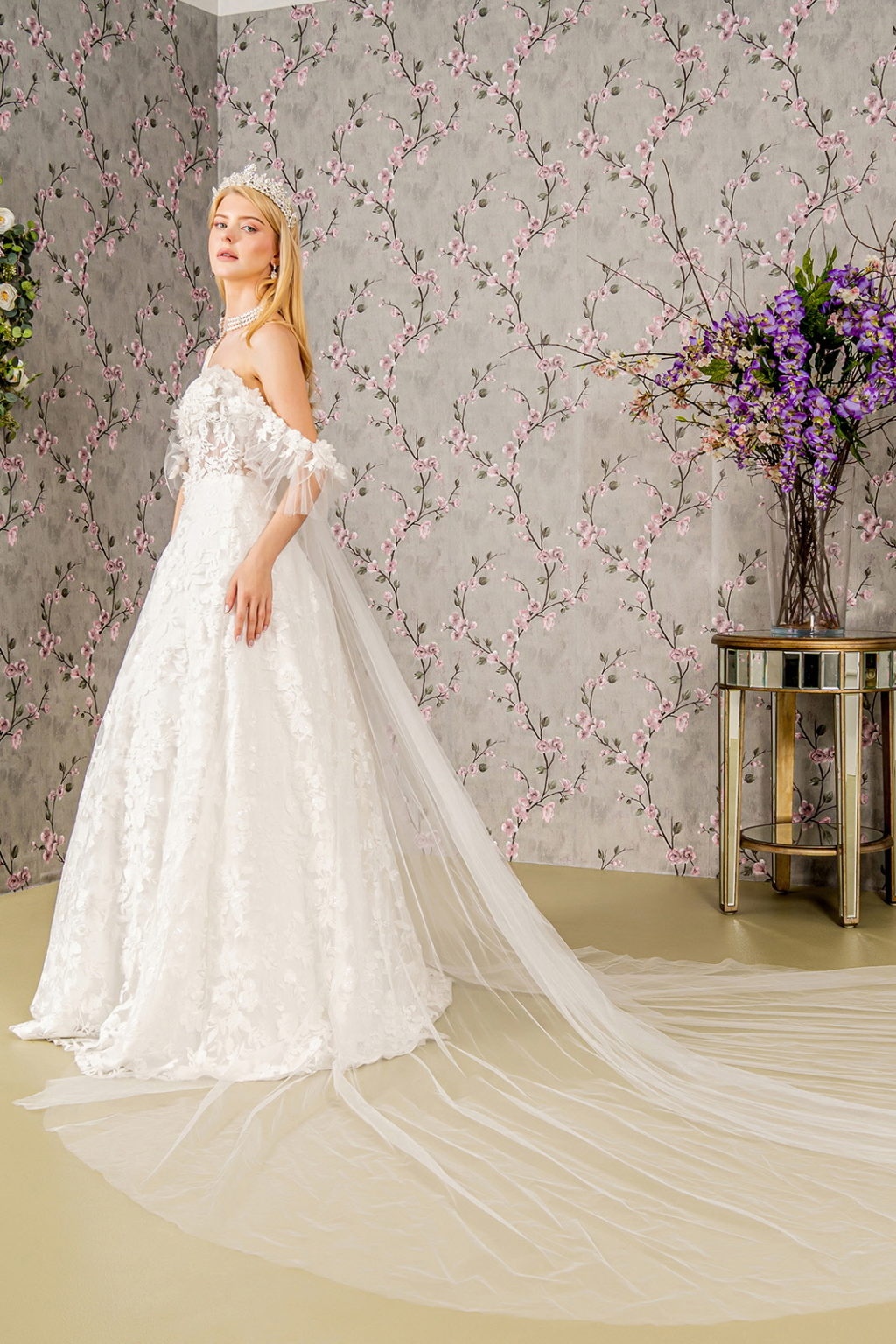 Sheer Bodice Sweetheart Mesh Ball Gown w/ Long Back Drape GL3449 BY GLORIA