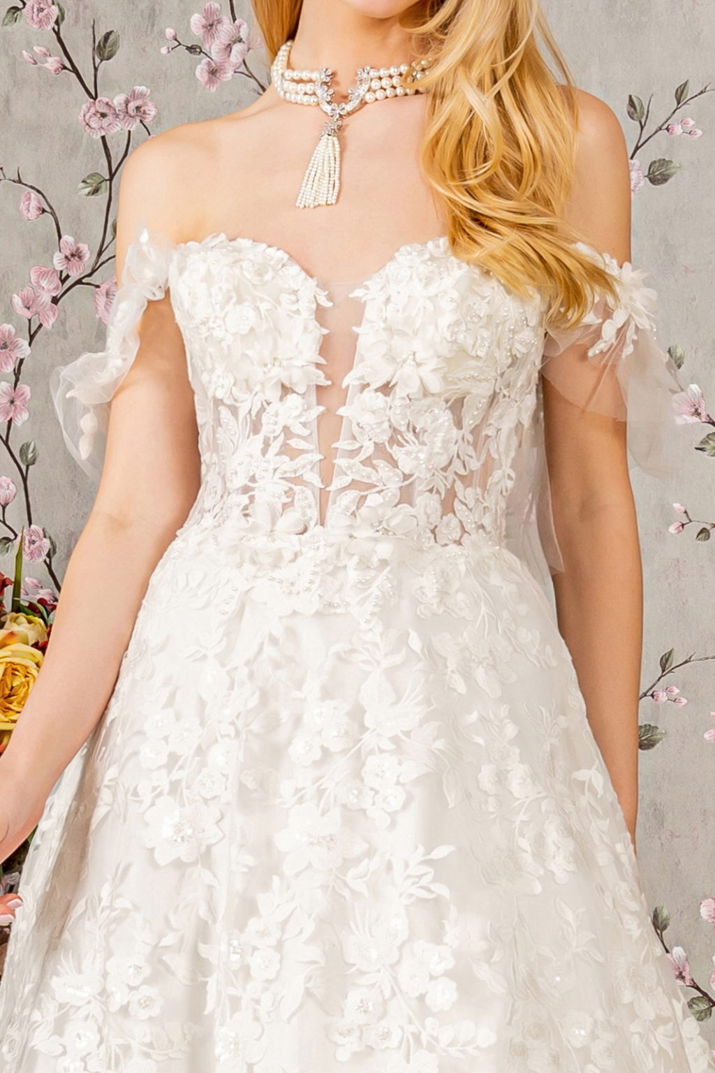 Sheer Bodice Sweetheart Mesh Ball Gown w/ Long Back Drape GL3449 BY GLORIA