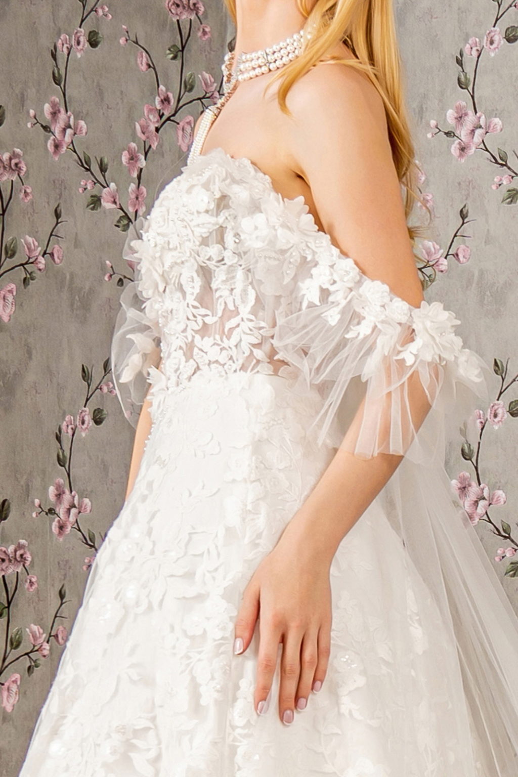 Sheer Bodice Sweetheart Mesh Ball Gown w/ Long Back Drape GL3449 BY GLORIA