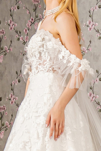 Sheer Bodice Sweetheart Mesh Ball Gown w/ Long Back Drape GL3449 BY GLORIA