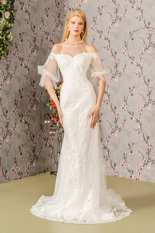 Floral Embroidery Bead Sheer Sleeves Mesh Mermaid Wedding Gown GL3479 BY GLORIA