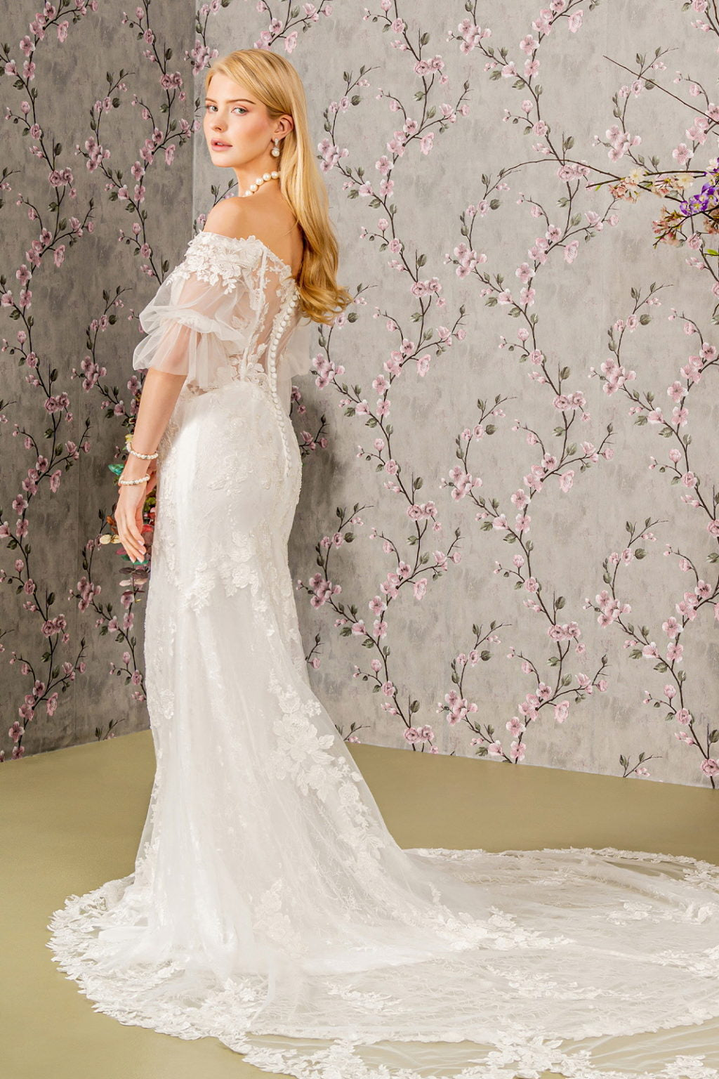 Floral Embroidery Bead Sheer Sleeves Mesh Mermaid Wedding Gown GL3479 GLS BY GLORIA