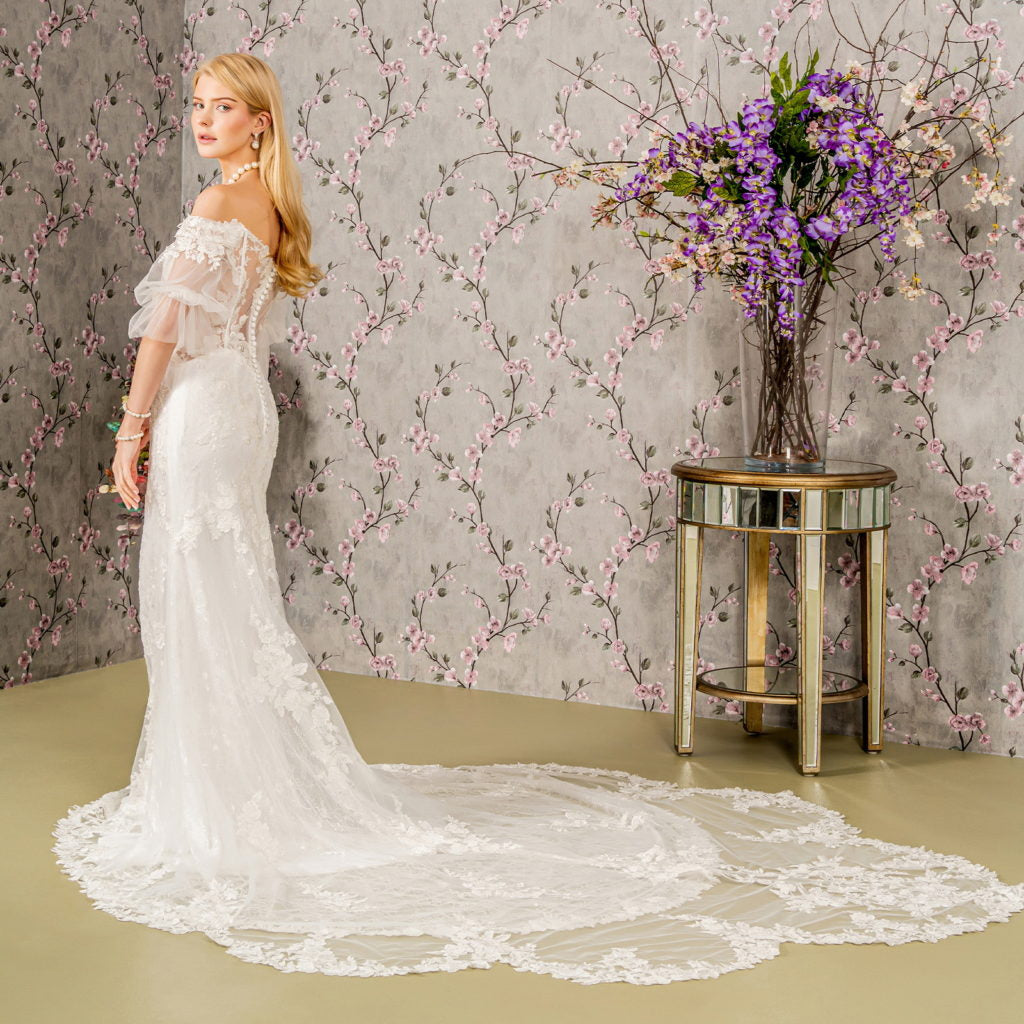 Floral Embroidery Bead Sheer Sleeves Mesh Mermaid Wedding Gown GL3479 GLS BY GLORIA