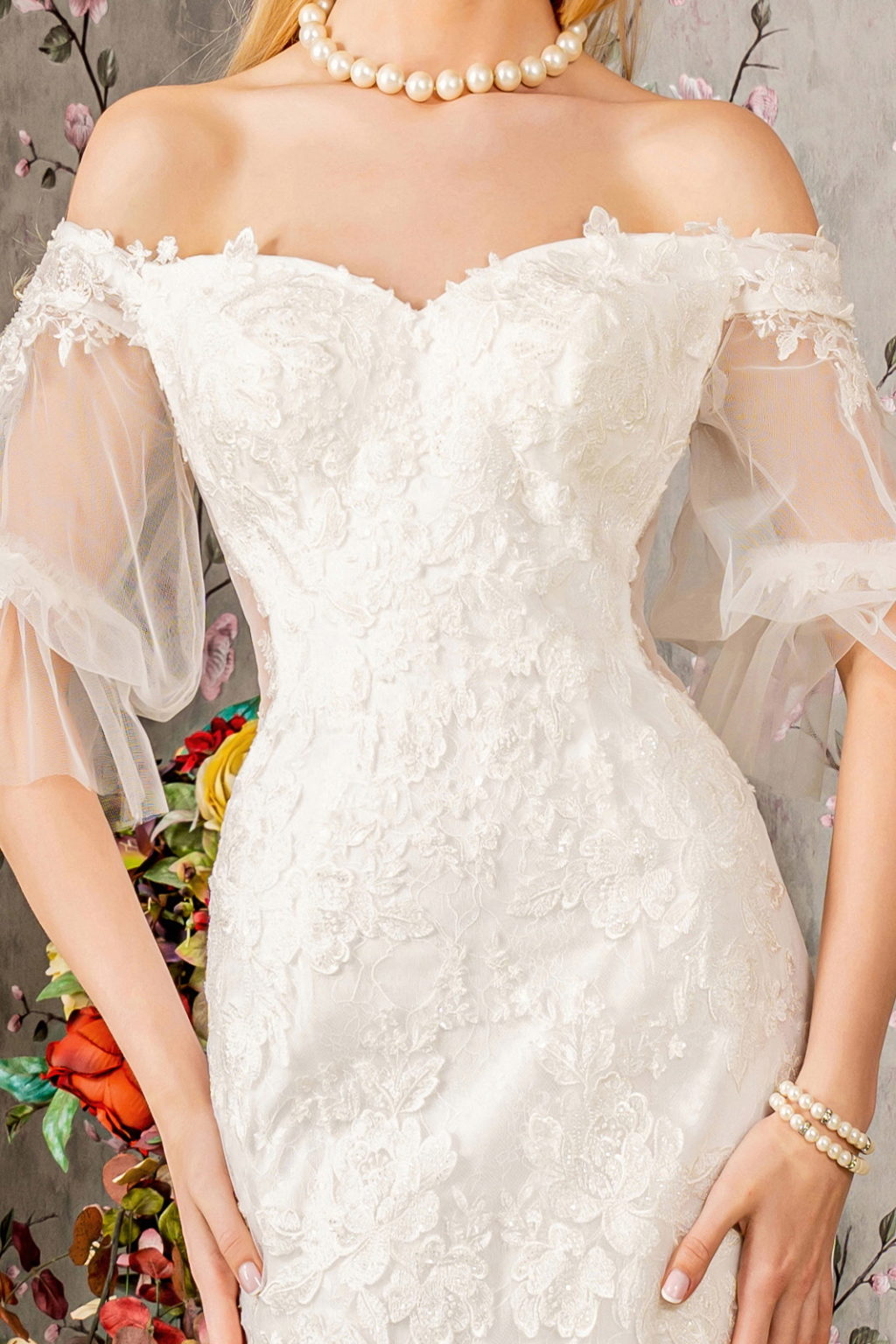 Floral Embroidery Bead Sheer Sleeves Mesh Mermaid Wedding Gown GL3479 GLS BY GLORIA