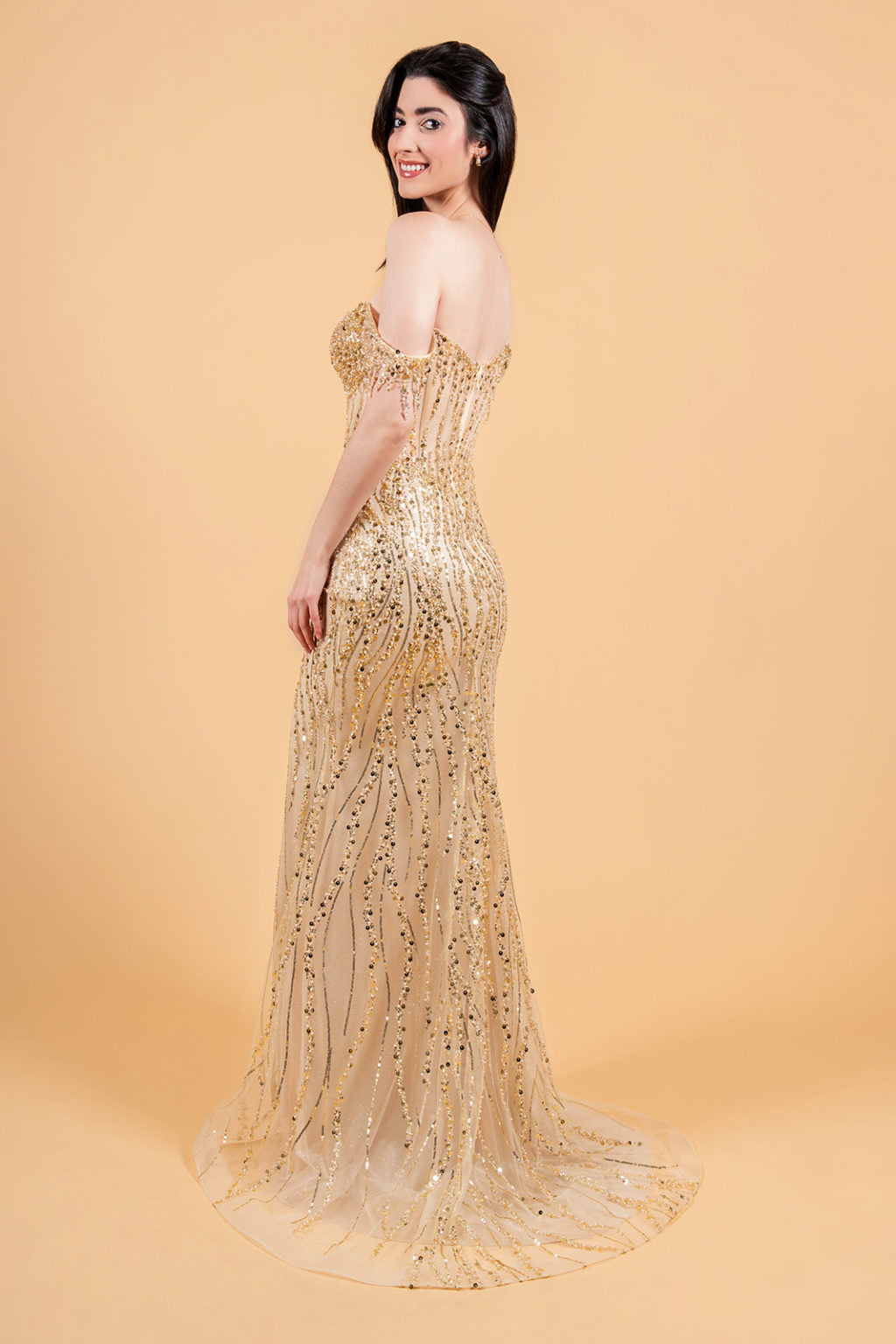 A large amount of beads and sequins decorate the corset bust and leads out  GL3620 GLS BY ELIZABETH K