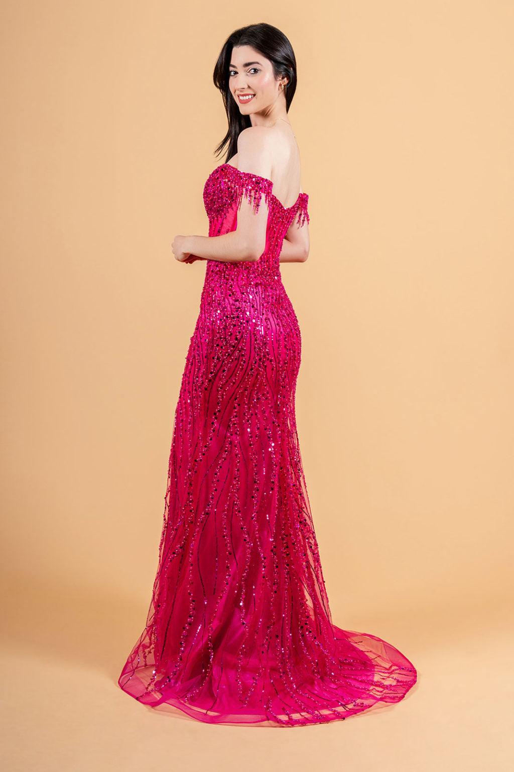 A large amount of beads and sequins decorate the corset bust and leads out  GL3620 GLS BY ELIZABETH K