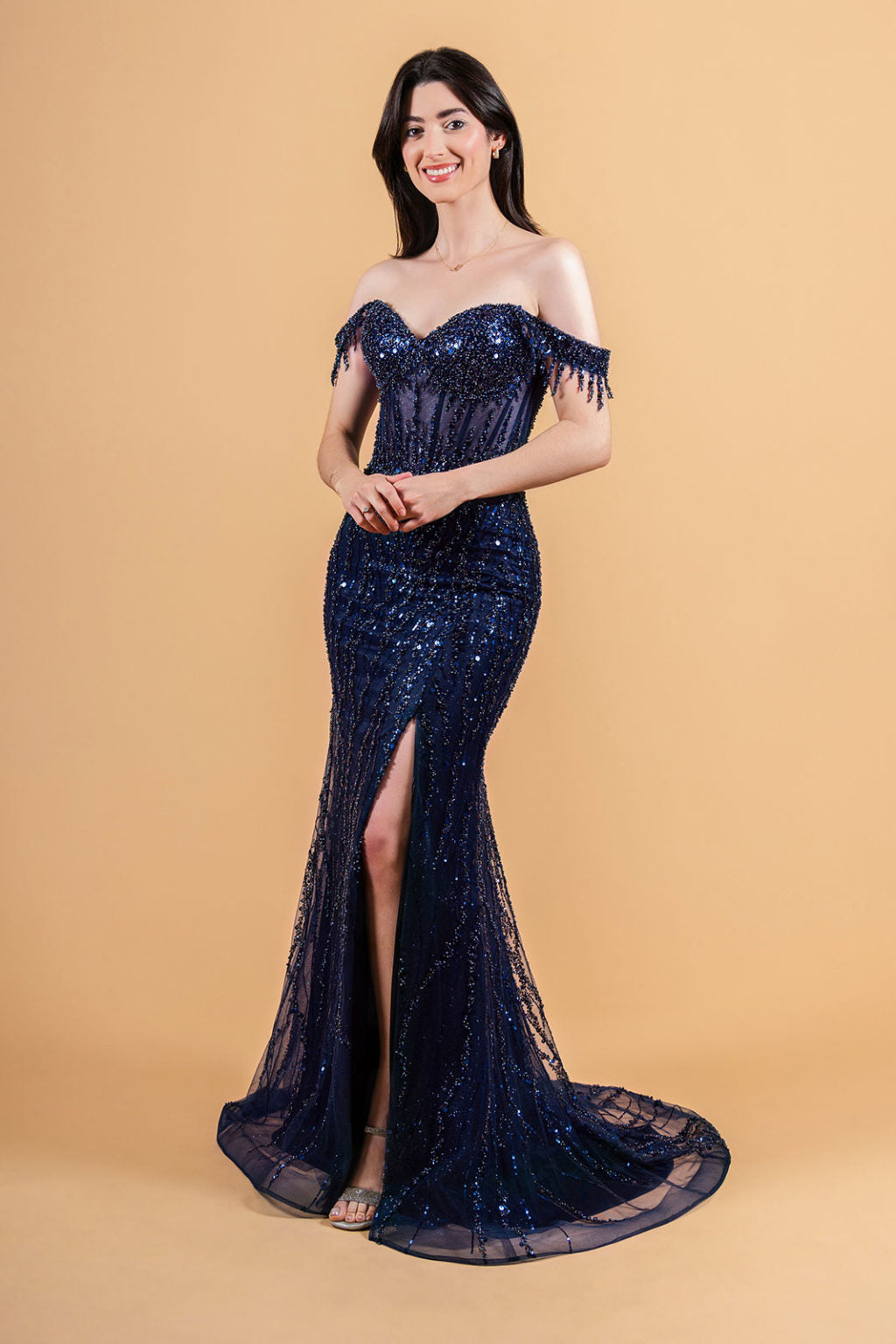 A large amount of beads and sequins decorate the corset bust and leads out  GL3620 GLS BY ELIZABETH K