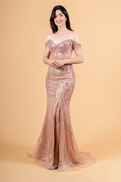 A large amount of beads and sequins decorate the corset bust and leads out  GL3620 GLS BY ELIZABETH K