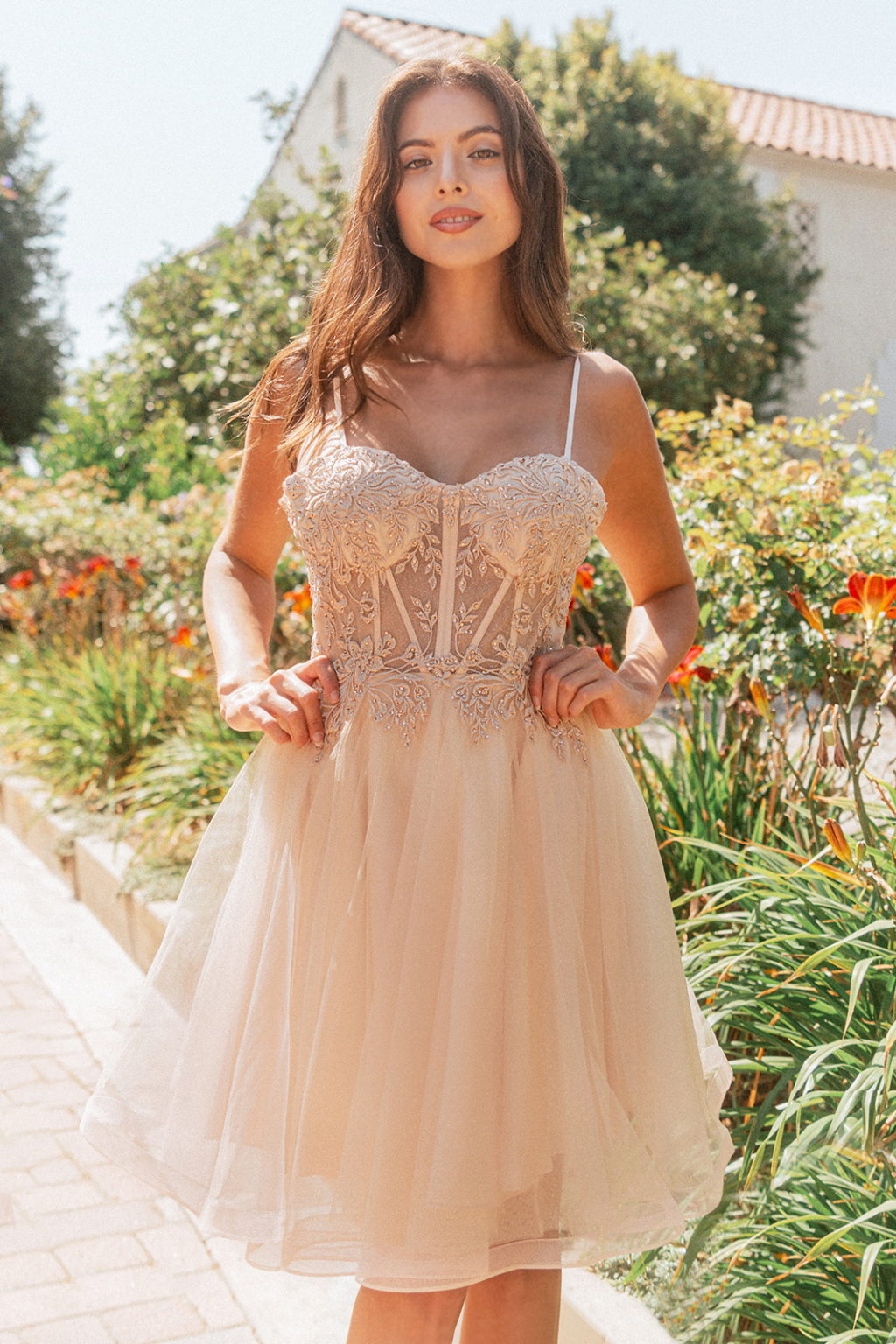 Floral Embroidery Embellished Glitter Mesh Sweetheart Neckline A-Line Homecoming Dress GS3515 GLS BY ELIZABETH K