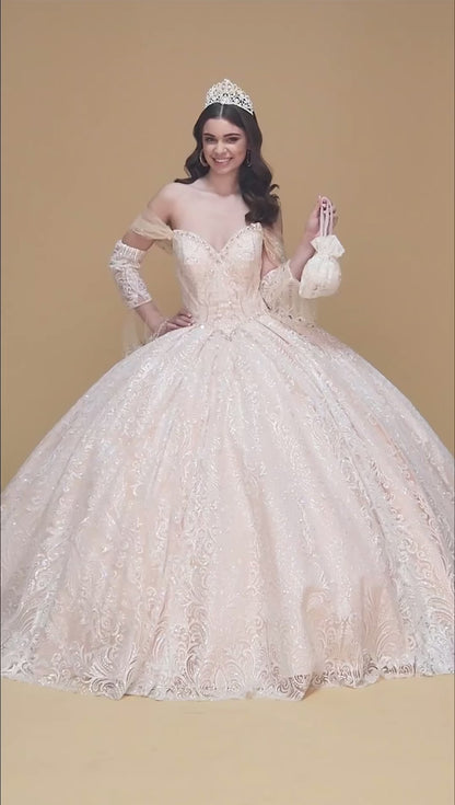 Jewel Mesh Quinceanera Dress w/ Mini Bag and Separate Long Sleeves by Elizabeth K GL3073  (GLS COLLECTIVE)