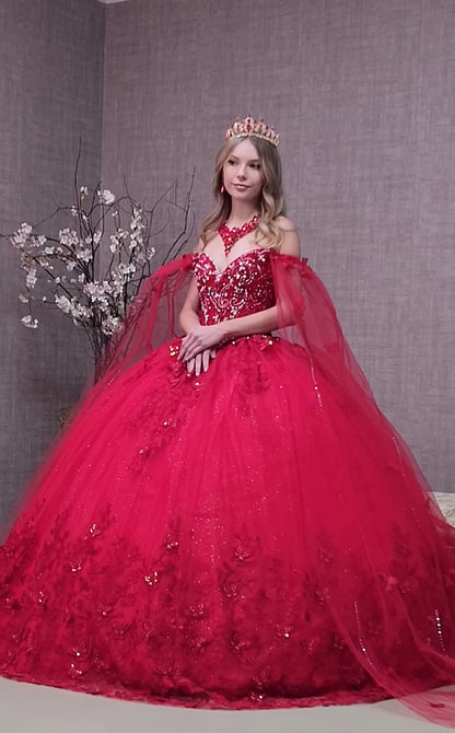 3D Butterfly Applique Glitter Quinceanera Gown w/ Long Mesh Layer GL3110 (GLS) by Elizabeth K