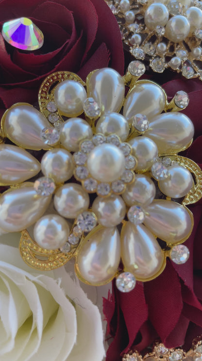 Burgundy, and Ivory with Gold Brooches and Pearls Bouquet. BURIV022 by MARINA’S CRAFT. PREORDER AVAILABLE!